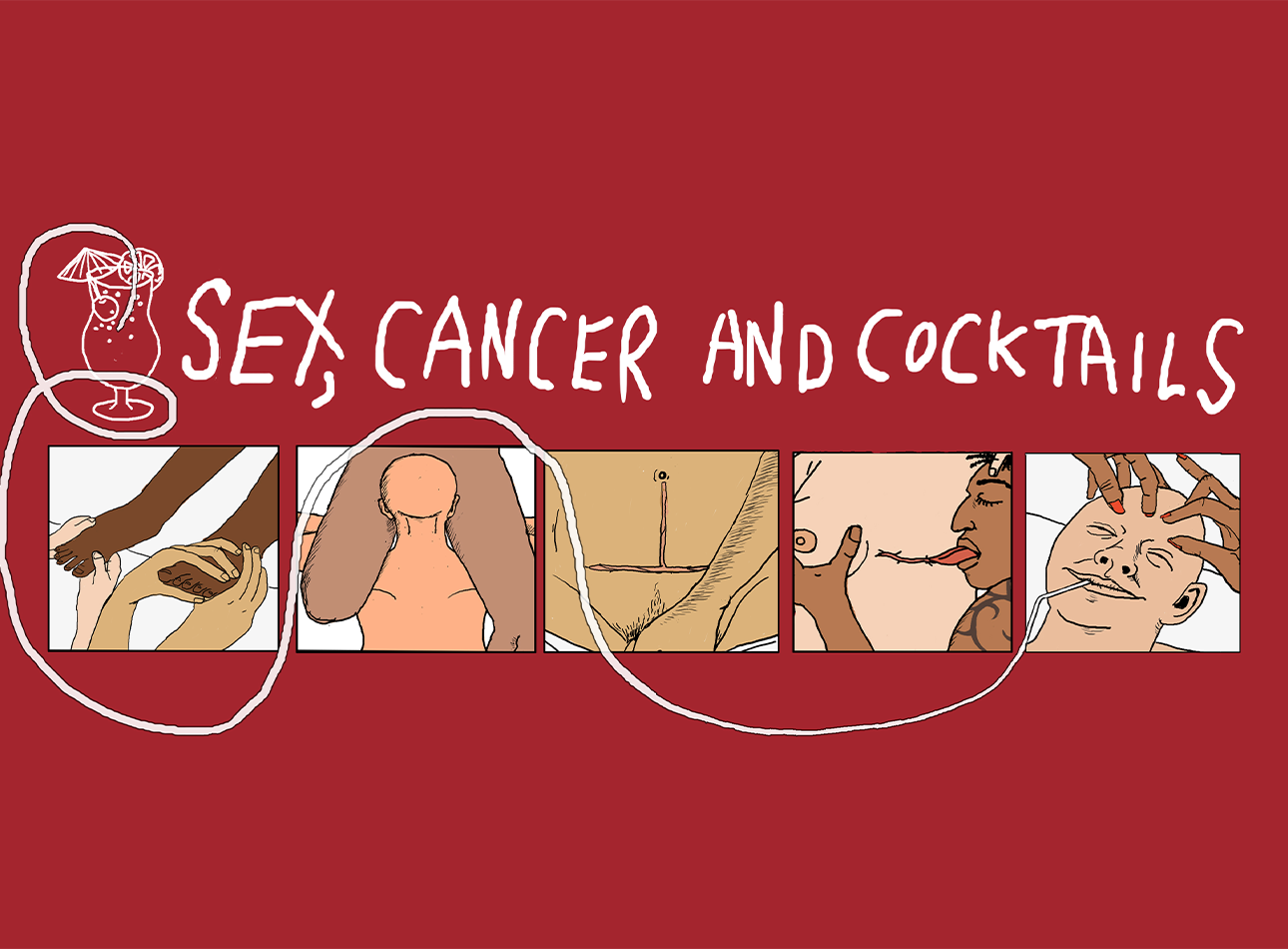 Sex, cancer and cocktails written above animations of sexual acts on red background