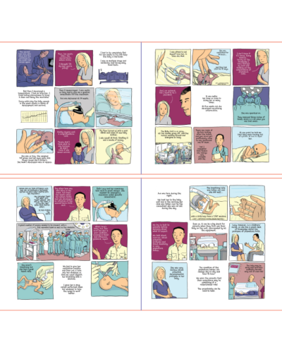 A cartoon depicting corresponding doctor - patient experiences with premature birth.