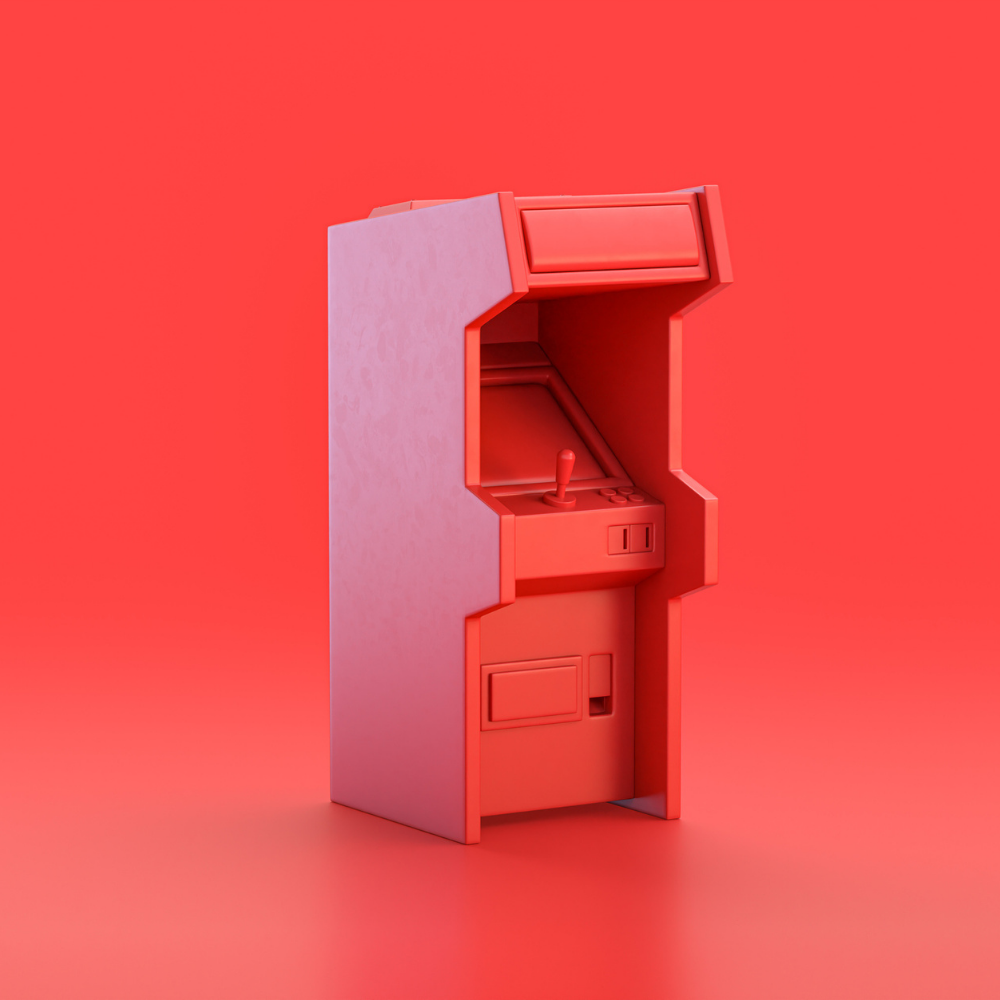 A hot pink background with a pink arcade machine 