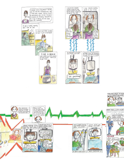 Two cartoons follow the experiences of a stroke specialist doctor and a survivor of stroke.